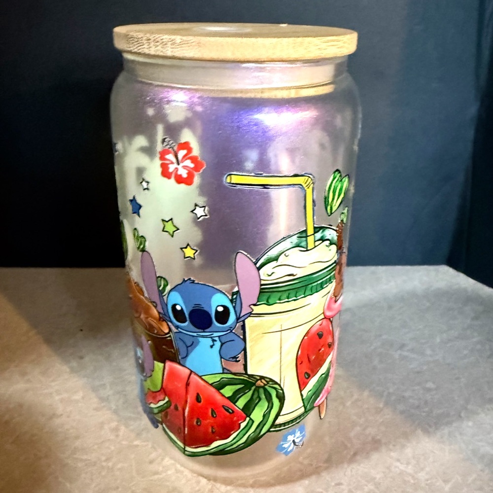 Stitch Themed Glass Tumbler with Lid